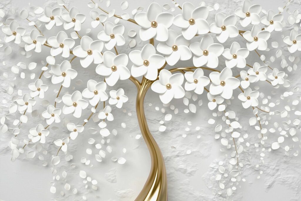 Poster mural theme arbre doré avec fleurs blanches