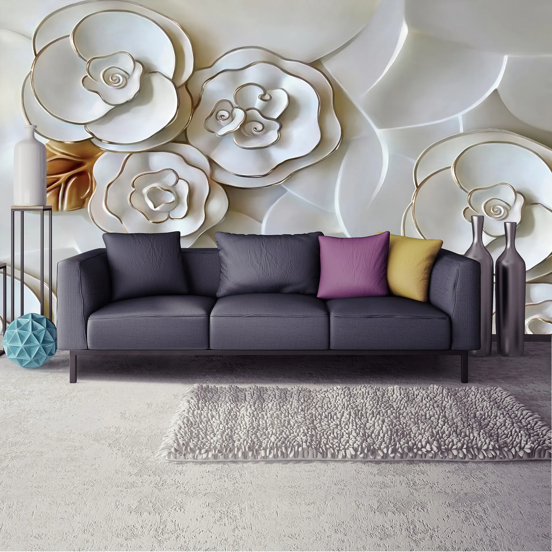 Poster mural theme floral blanc et doré