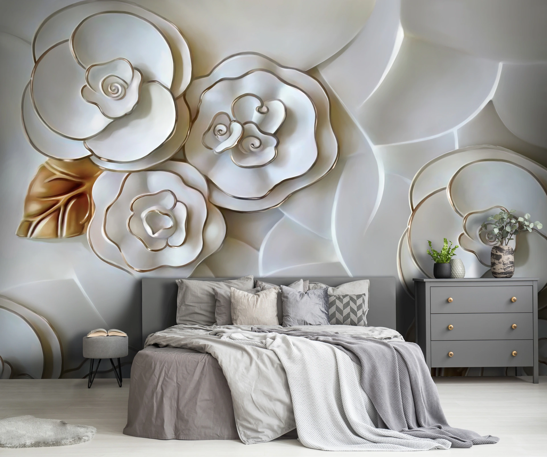 Poster mural theme floral blanc et doré