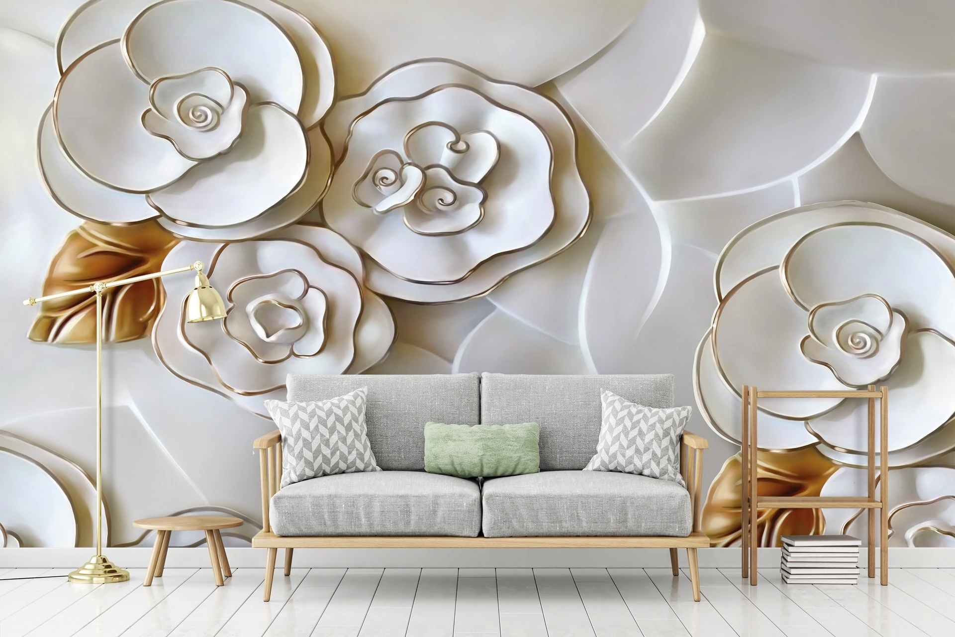 Poster mural theme floral blanc et doré