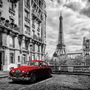 Poster mural theme voiture rouge dans un cadre noir et blanc