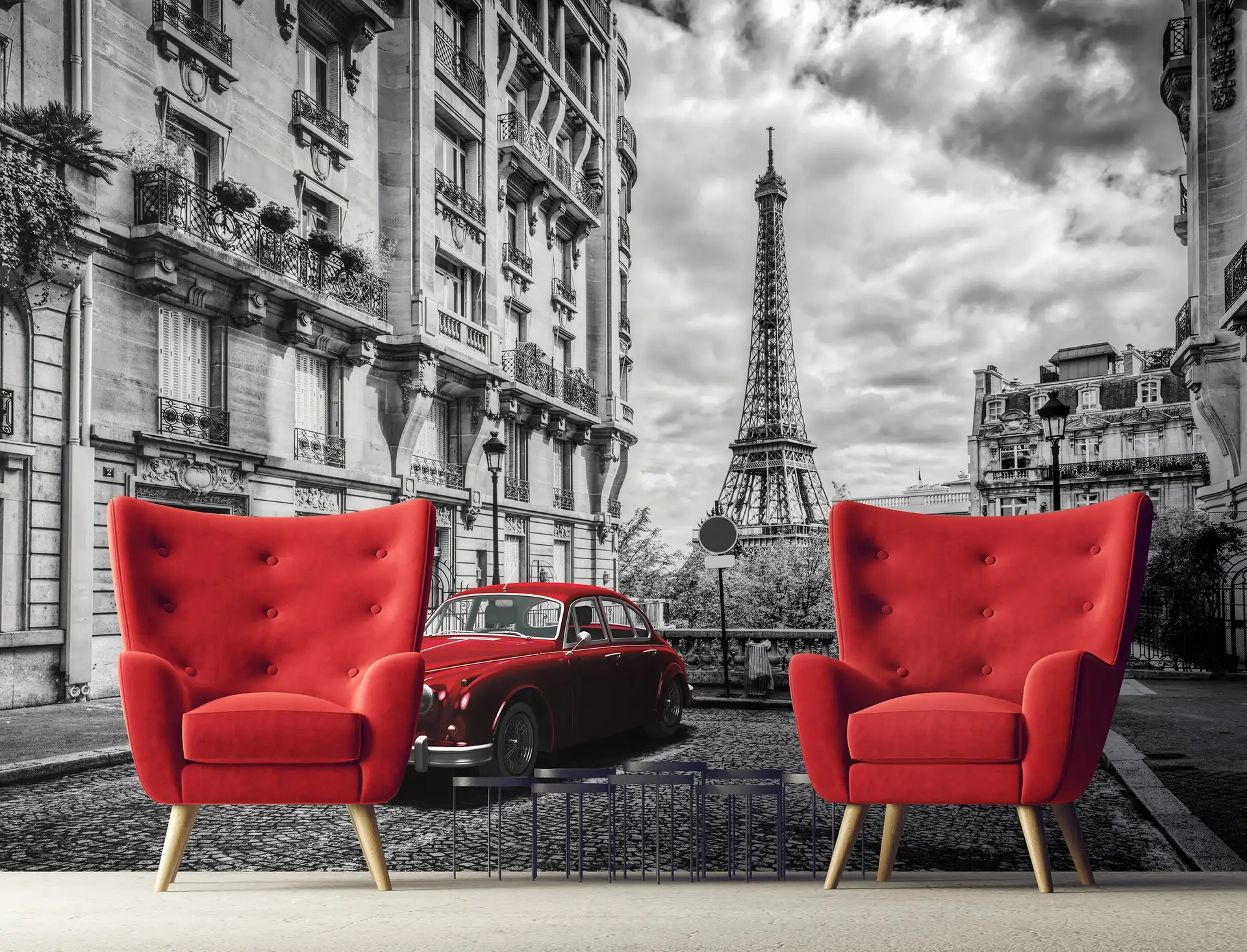Poster mural theme voiture rouge dans un cadre noir et blanc