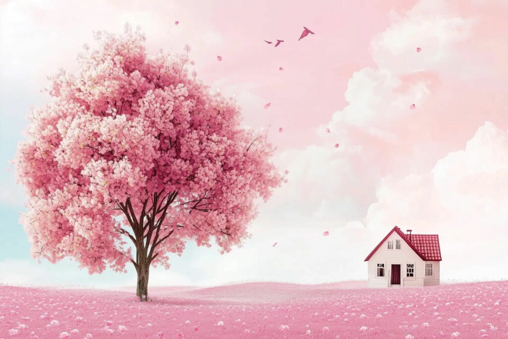 Poster mural motif foret et maison en couleur rose