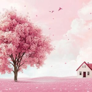 Poster mural motif foret et maison en couleur rose