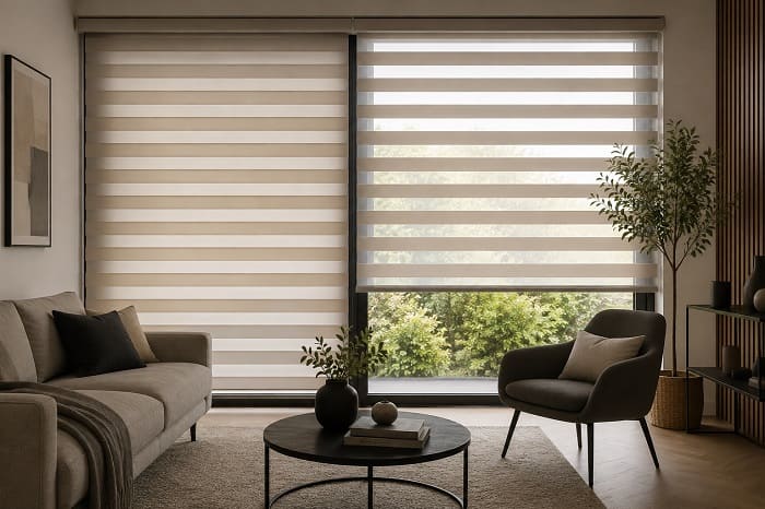 Store zébra jour/nuit dans un salon moderne et lumineux