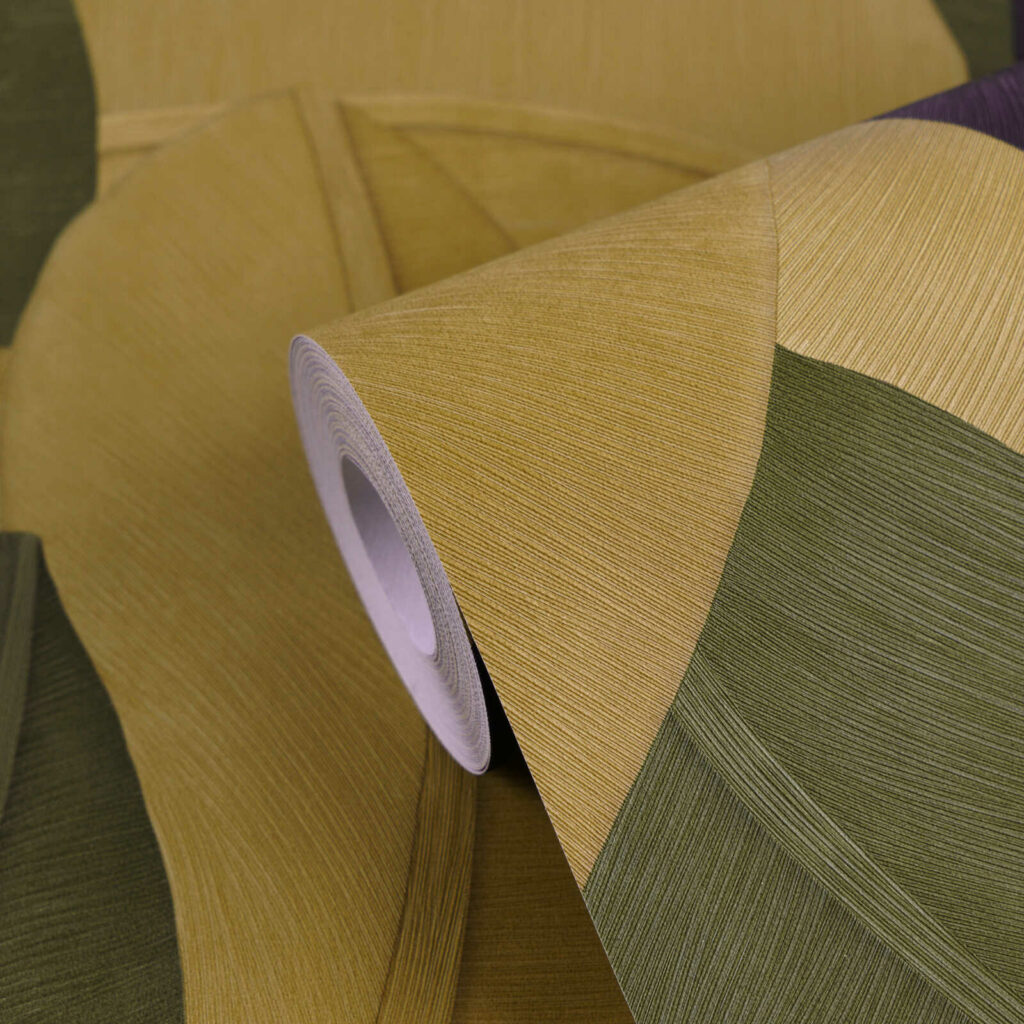 Papier peint design feuille bleu et dorée disponible chez Bennour Déco